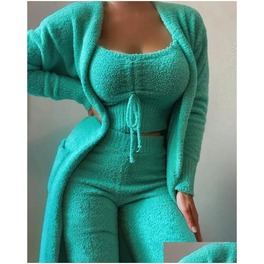 Women`s Two Piece Pants Autumn Winter Velvet Pajamas Set Crop TopLong PantsCoat 3 Pieces Suit Warm Soft Fleece Homewear Pyjamas S3XL