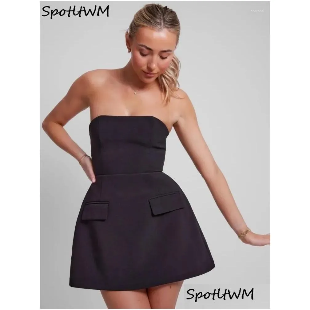 Basic & Casual Dresses Y Solid Strapless Mini Dress For Women Elegant Slim Backless Pockets A-Line 2024 Female Chic High Street Vesti Dhebn