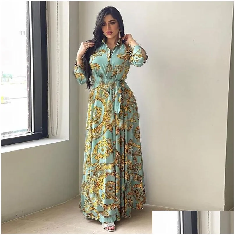 Ethnic Clothing Fashion French Elegant Maxi Dresses For Women Retro Print Muslim Dubai Abaya Lapel Single-Breasted Long Sleeve Drop D Dh9Nh