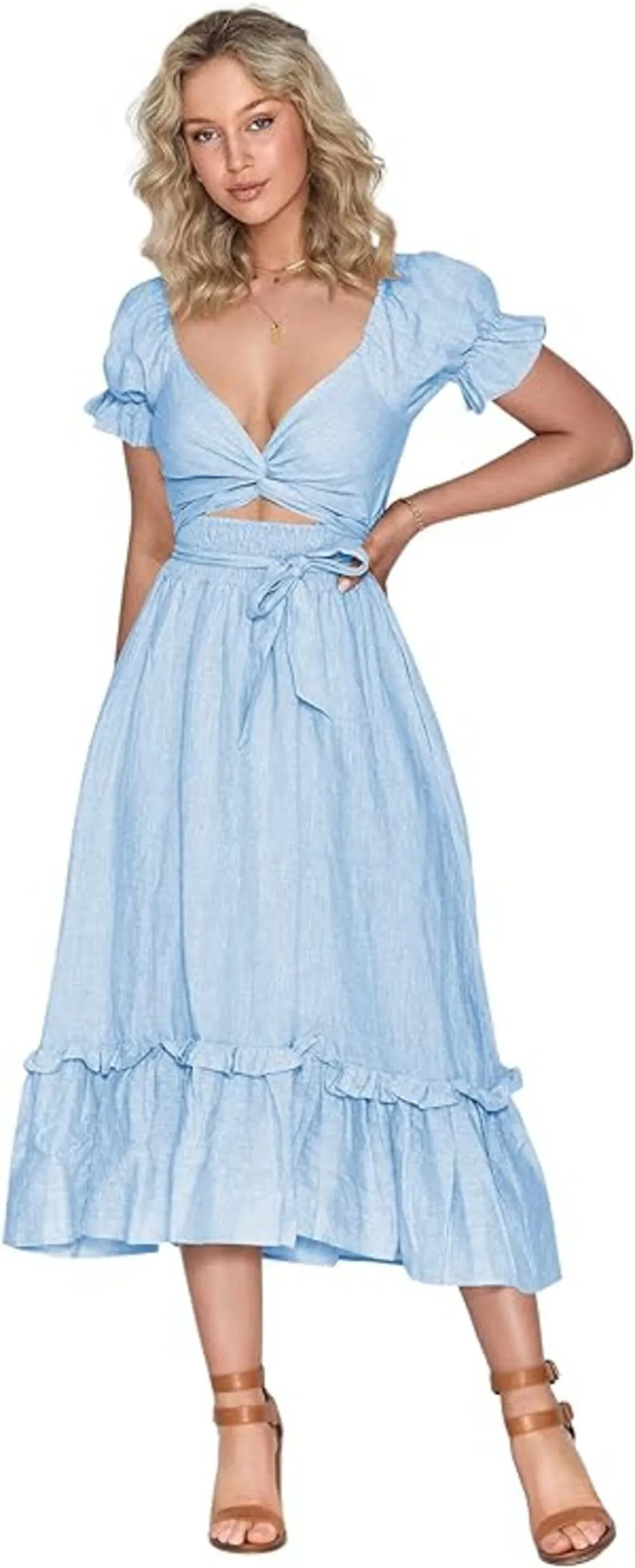 ZAFUL 2023 Boho Maxi Dress for Women A Line Tie Waist Summer Dress Deep V Neck Smocked Wrap Dress