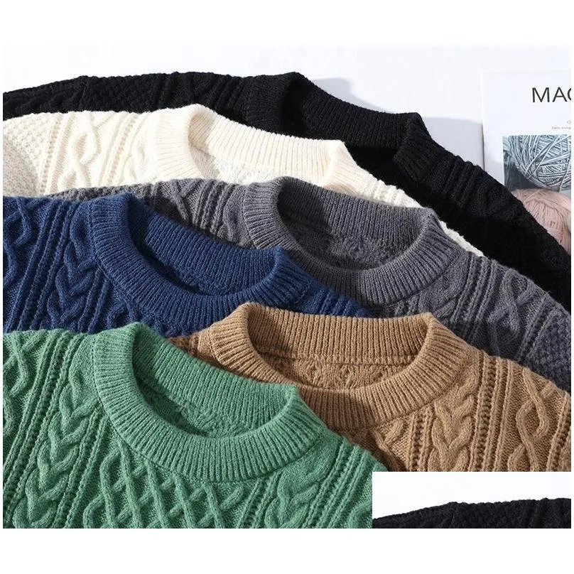 Men`s Sweaters Winter Men Vintage Twist Sweater Round Neck Solid Color Male Fit Knitted Pullover Loose Harajuku Mens Retro Multicolors