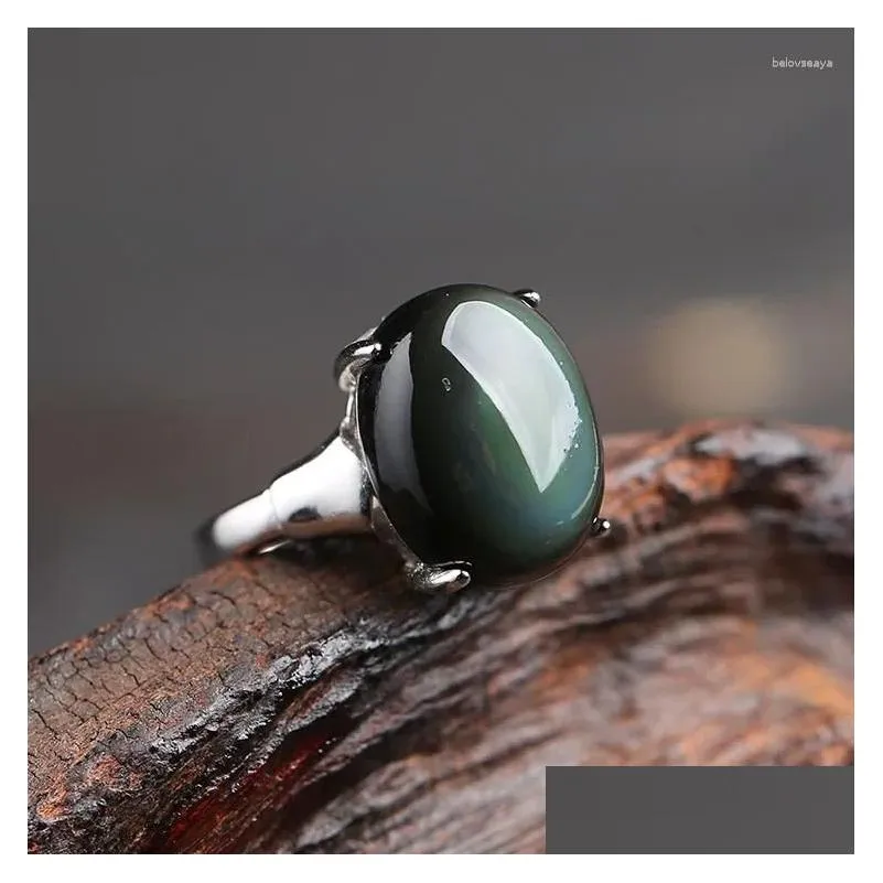 Cluster Rings Natural Obsidian Ring For Men Women Silver Jewelry Fashion Opening Couple Korean Edition Rich And Noble Paired With