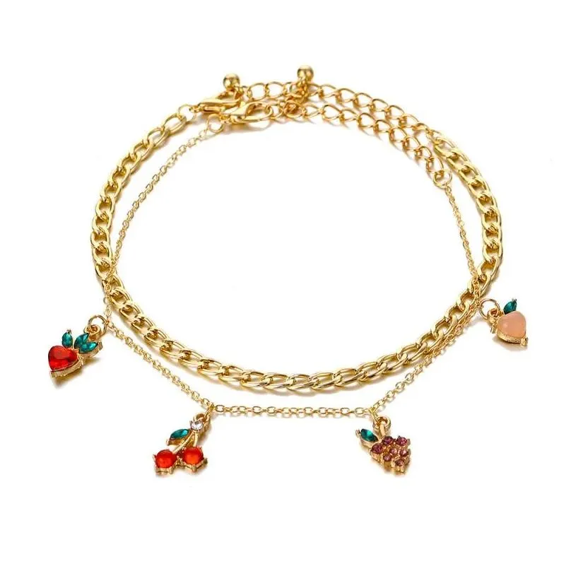 Anklets Bohemian Vintage Golden Chain Crystal Beach Anklet For Women Layered Heart Cherry Grape Pendant Foot Jewelry 2022