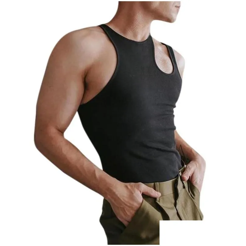 Men`S Tank Tops Mens Sports Summer Personality Fitness Sleeveless Bottoming Shirt Solid Color Cut-Out Sling Skinny Top Drop Delivery Dhqo6