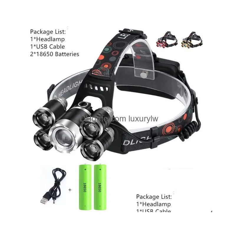 Portable Lanterns 5 Led Headlamps 20000 Lumens High Power Headlight T6 4Q5 Cam Head Torch Zoom 4 Modes Lantern 2X Frontal Drop Deliver Dhidj