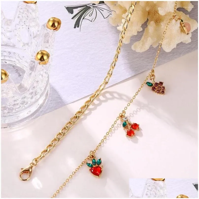 Anklets Bohemian Vintage Golden Chain Crystal Beach Anklet For Women Layered Heart Cherry Grape Pendant Foot Jewelry 2022