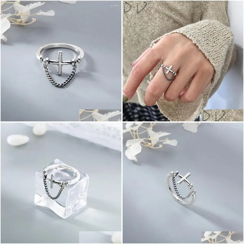 Cluster Rings Trendy Vintage Silver Fine Jewelry Personality Cross Chain Tassel Lines Arrow Opening For Women Girls Daily Accessories