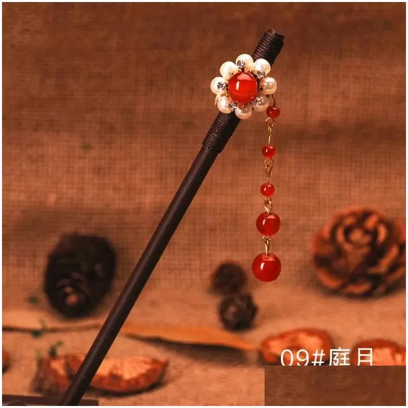 Hair Clips Ancient Style Handmade Wooden With Flowor Hairpins Headwear Disk Glass Crystal Jade Beads Tassel Hang Buyao Women