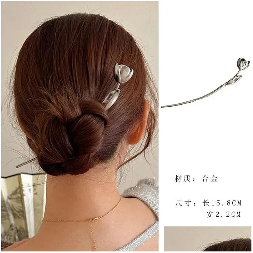 Hair Clips Elegant Vintage Metal Tulip Stick Chinese Charm Magnolia Flower Chopsticks Accessories For Women Headdress