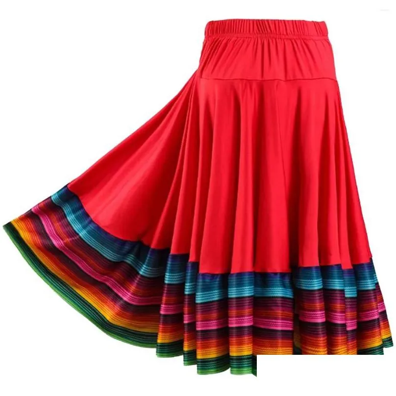 Skirts Womens Folklorico Dance Skirt Spanish Flamenco Colorf Big Swing Long Folkloric Mexican Folk Performance Costume Drop Delivery Dhju9