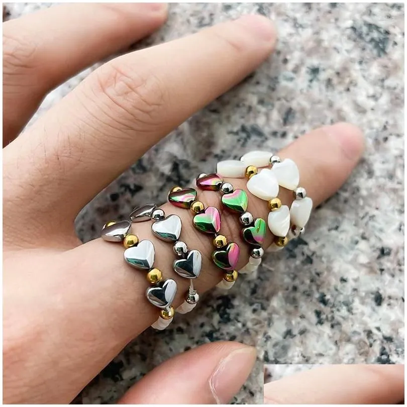 Wedding Rings Hematite Moonstone Heart Stainless Steel Mixcolor Natural Stone Ring For Women Fashion Elastic Rope Adjustable