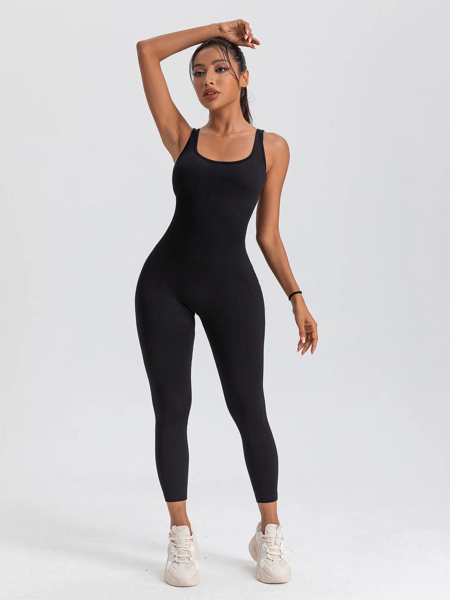 Women Workout Seamless Jumpsuit Yoga Ribbed Bodycon One Piece Square Neck Leggings Romper GP12