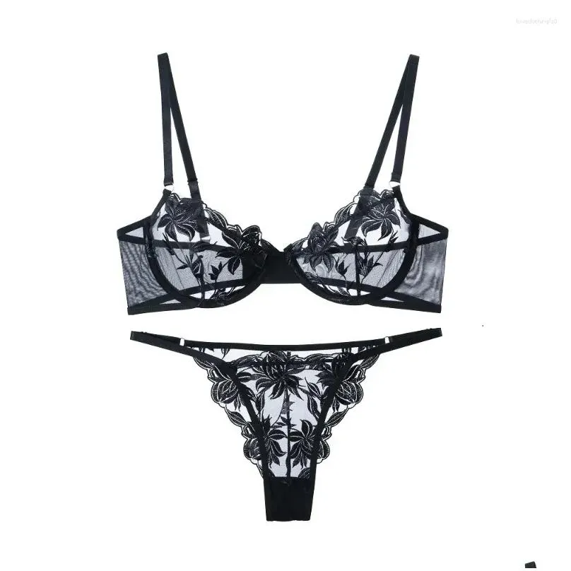 Bras Sets Mesh Embroidered Lingerie For Women Aesthetic Eroctic Two Piece Nice Y Underwear Deluxe Erotic Bra Set Drop Delivery Dhv6Y