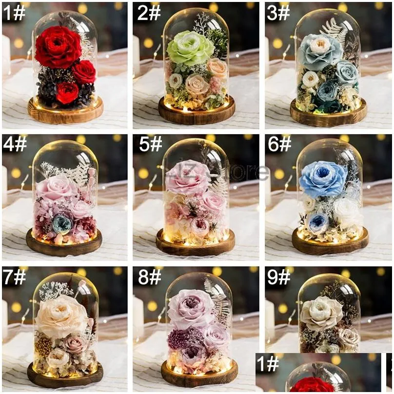 eternal rose flower with glass cover holder valentines mother day preserved immortal roses flower birthday gift decoration flower
