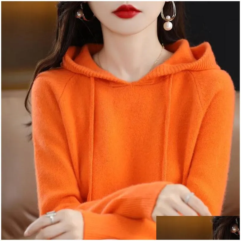 Women`s Sweaters YSZWDBLX Women Pullover Sweater Hooded Jumper Korean Loose Solid Long Sleeve Casual Autumn Winter Thick Warm Knitted