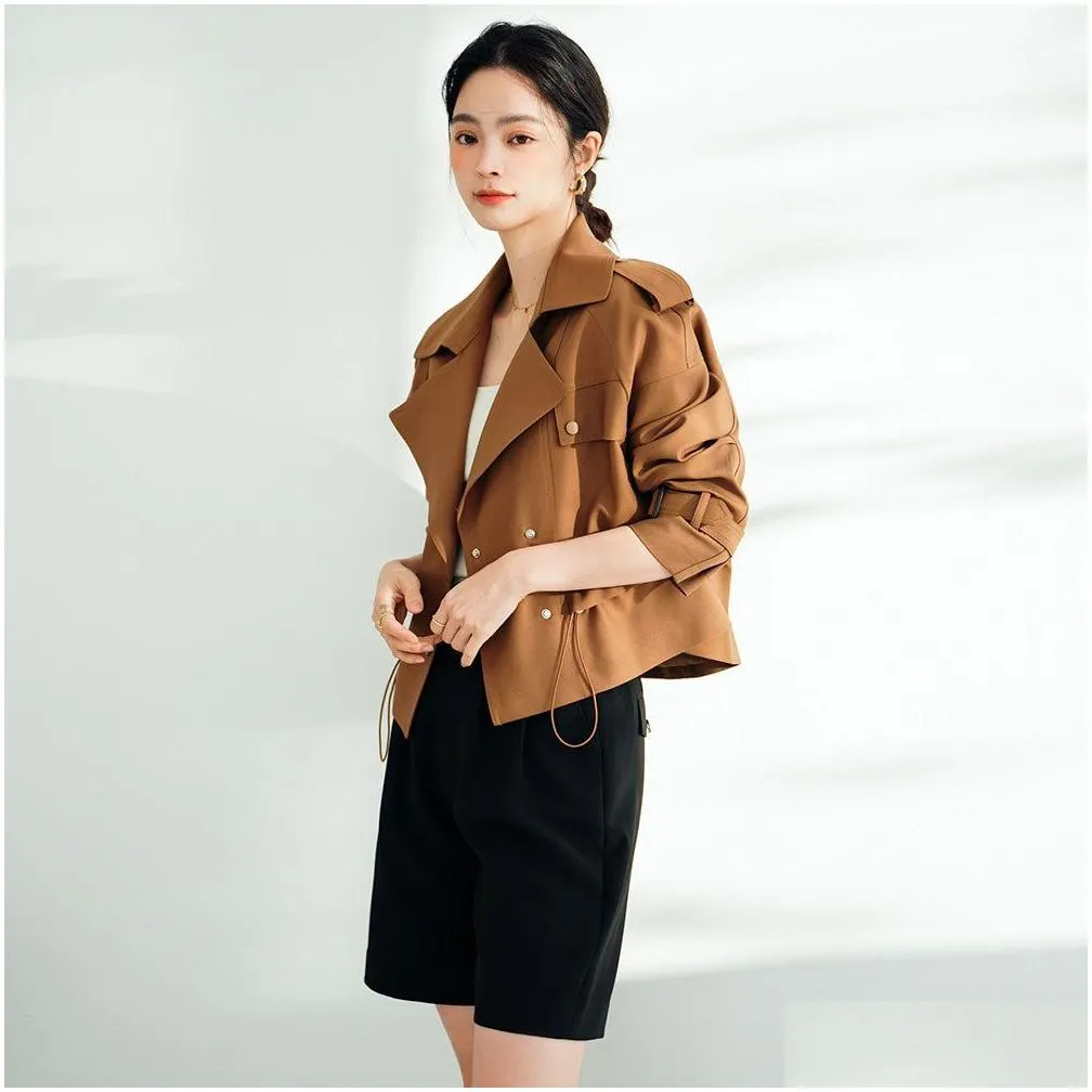 OC412N21 English Style Spring Women`s Coat Short Commuting Trench Coat Loose and Fashionable