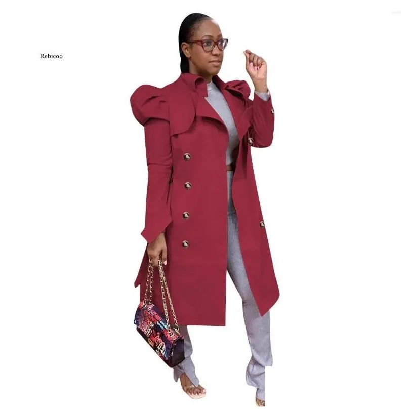 Women`S Trench Coats Womens Khakuble Breasted Classic Women Coat Elegant Long Puff Sleeve Loose Windbreaker High Street Female Slim Dr Dhwbj