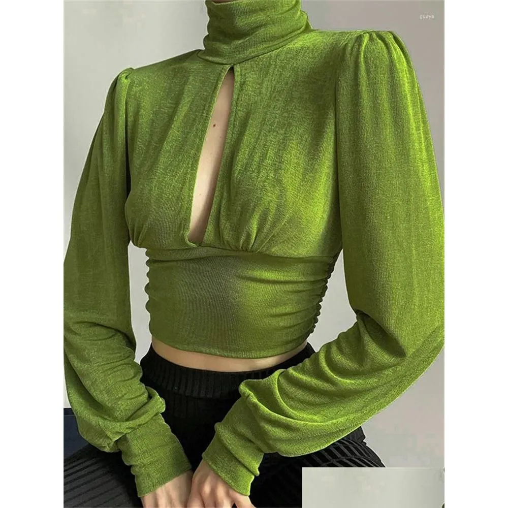 Women`s T Shirts Tossy Fashion Autumn Turtleneck Crop Top For Women Hollow Out Long Sleeve Slim Patchwork High Waist T-shirt Ladies