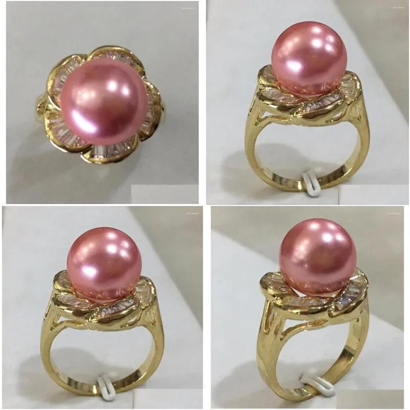 Cluster Rings Lady`s 18kgp Inlay Crystal Flower Shape 12mm Pink Shell Pearl Fashion Ring SIZE 6/7/8/9/10