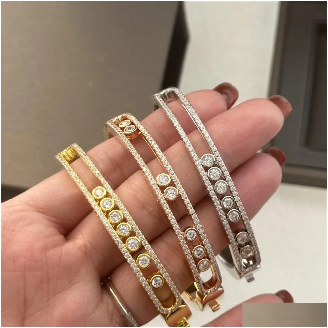 luxury bracelets bangle classic brand designer s925 sterling silver three hollow movable crystal cuff bangle for women jewelry party gift fashion