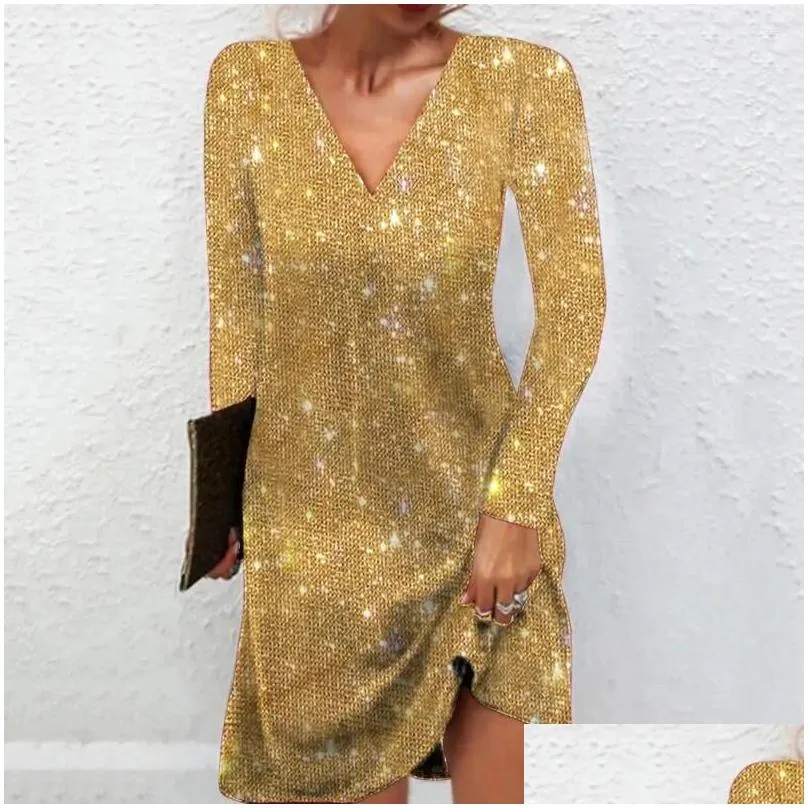 Casual Dresses Shimmering Mini Dress Sequin V Neck Party Club For Women Shiny A-line Solid Color Soft Breathable Pullover Elastic