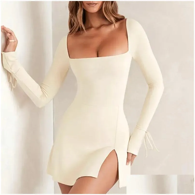 Casual Dresses Soft Dress Trendy Women`s Square Neck Mini Slim Fit High Waist Long Sleeve Split Hem Solid Color For Spring Fall