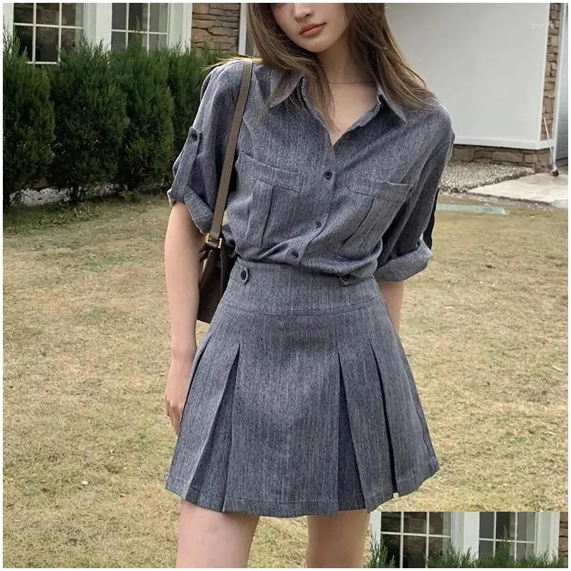 Work Dresses QOERLIN Stylish 2 Piece Skirts Sets Grey Women Outfits Pieces Short Sleeve Summer Shirts Pleated Back Zipper Casual