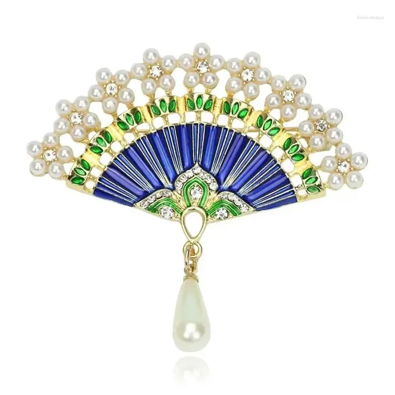 Brooches 2024 Creative Alloy Fan Jewelry Fashion Rhinestone Franc Pearl Blue Women`s Brooch