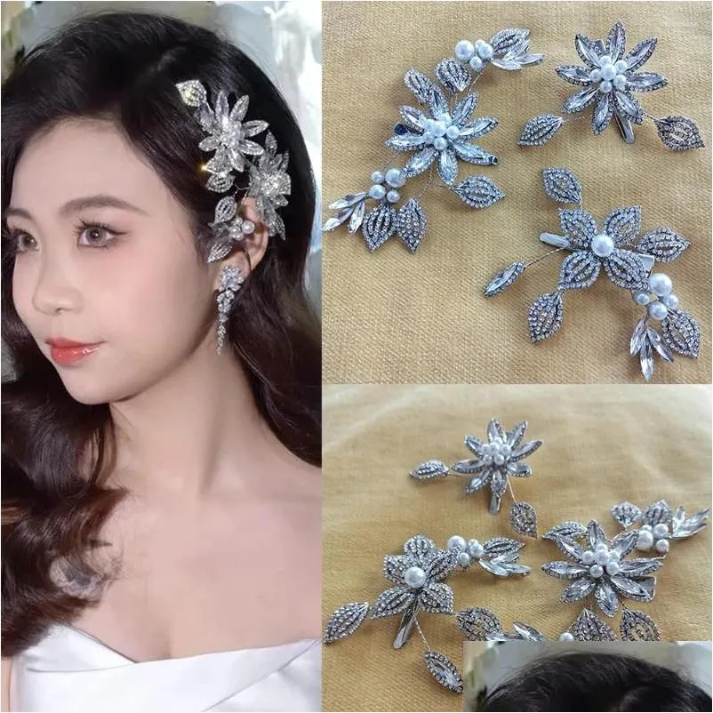 Hair Clips Fashion Flower Leaf Rhinestone Pearl Pin For Women Bride Bling Crystal Accessories Wedding Jewelry