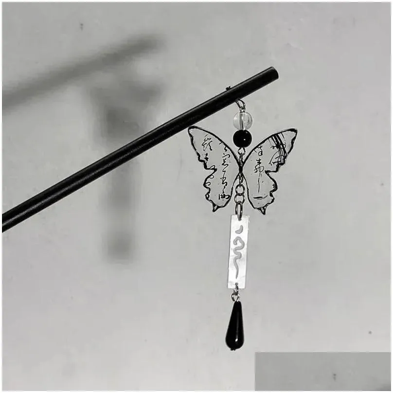 Hair Clips Chinese Calligraphy Butterfly Tassel Sticks Women Vintage Pendant Wood Hairpin Chopstick Forks Headdress Jewelry