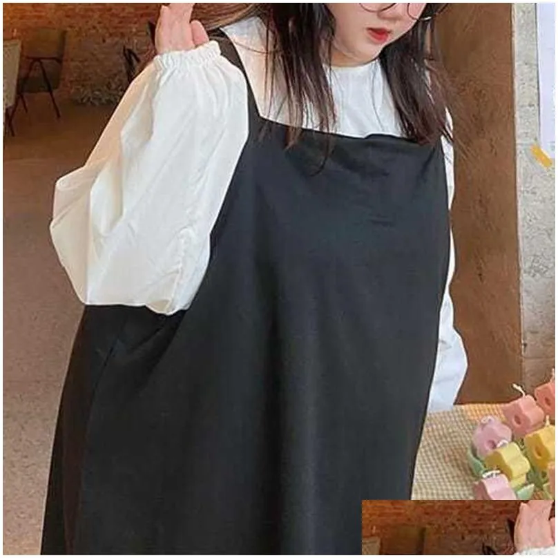 Plus size Dresses Korean Size Clothes Round Neck White Puff Long Sleeve Top Fashion Black Pocket Design Loose Women`s Sets Strap Dress
