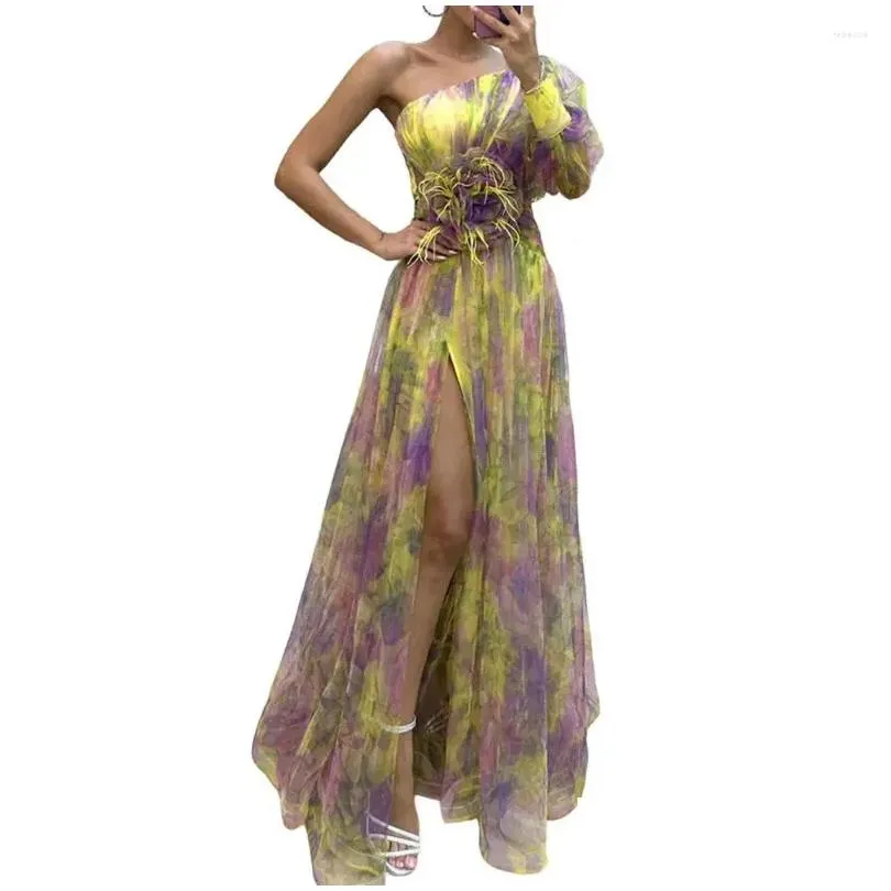 Casual Dresses Sexy A-line Evening Gown Elegant Formal Party Dress One Shoulder Tie-dye Ball With Mesh Bubble Sleeve Split Hem