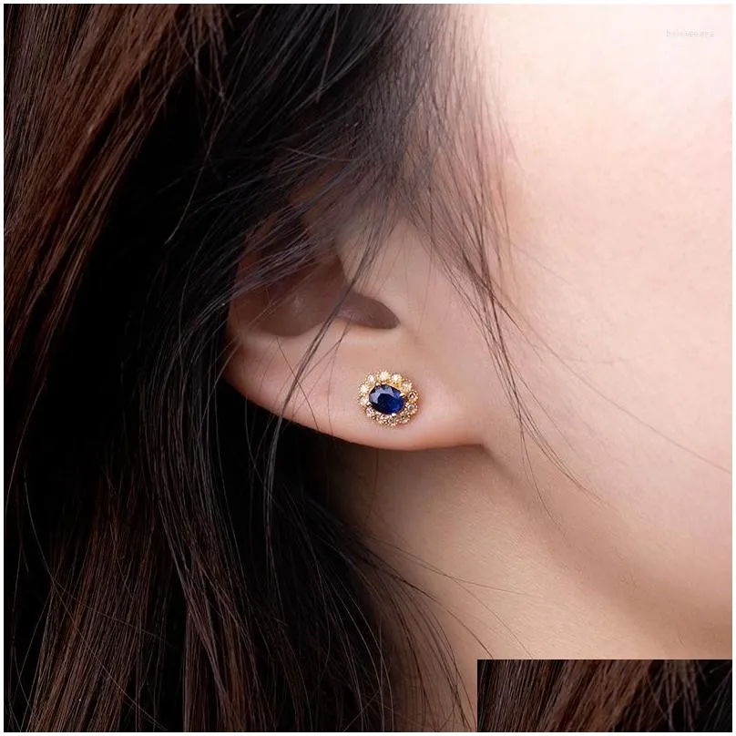 Stud Earrings 24K Gold Plated Imitation Royal Sapphire Flower Shaped