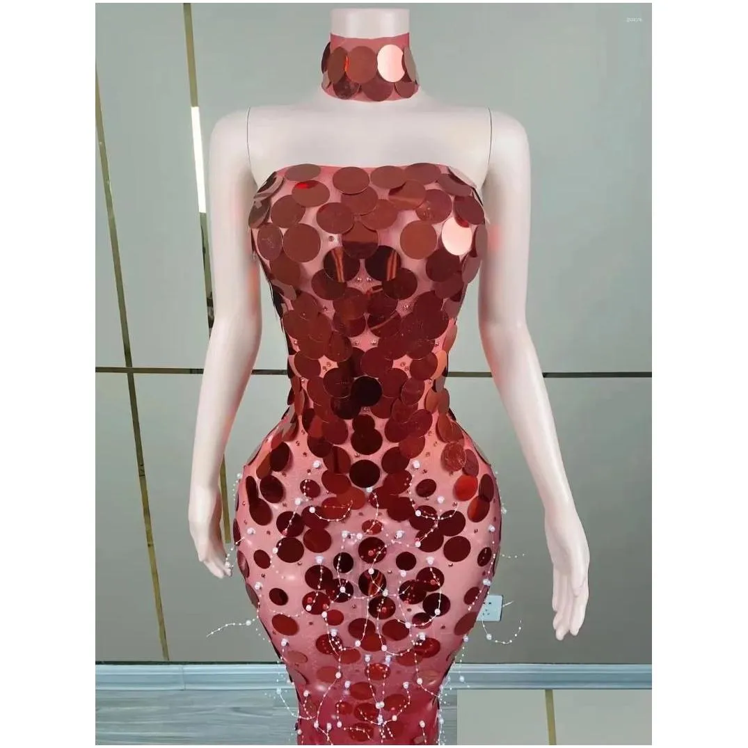 Stage Wear Sexy Black Red Sequins Transparent Long Dress Birthday Celebrate Rhinestones Costume Women Dance Performance Po Shoot