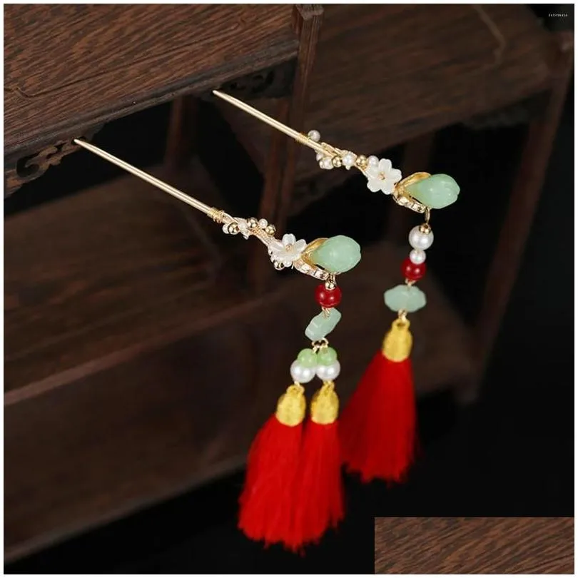 Hair Clips Chinese Stick Bun Headdress Retro Metal Chopsticks With Red Tassel For Woman Styling Hairdressing Salon