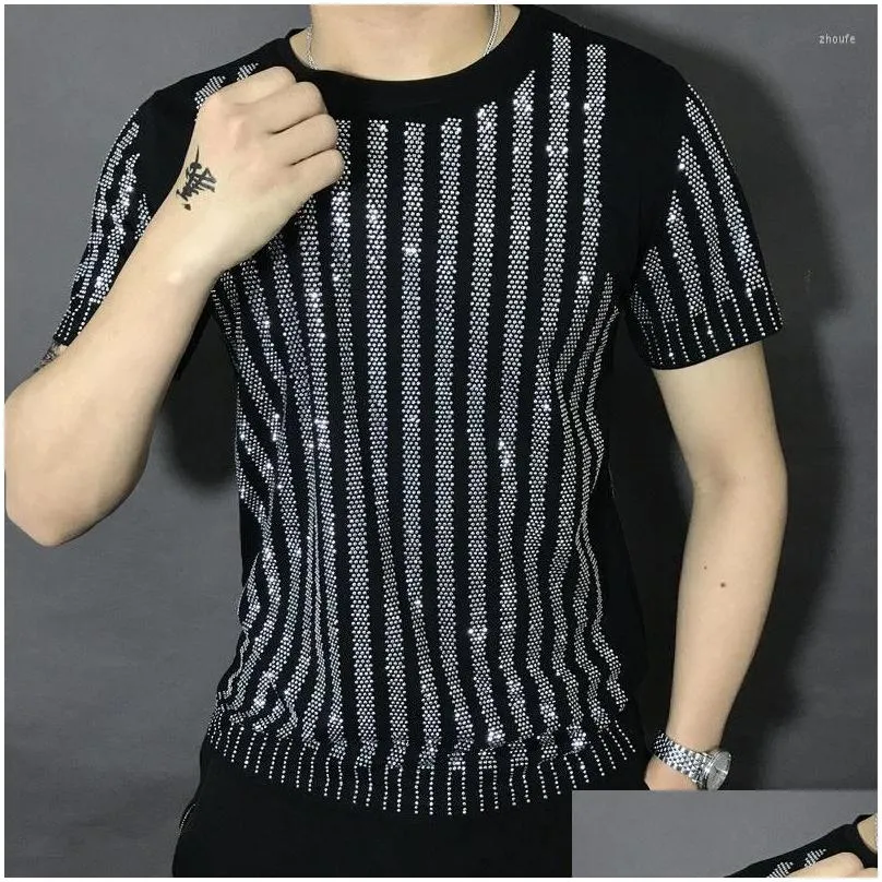 Men`S T-Shirts Mens T Shirts High Quality Men Black Fashion Diamond Rhinestone T-Shirt Short Sleeve Shirt Streetwear Casual O-Neck Tee Dh2Mq