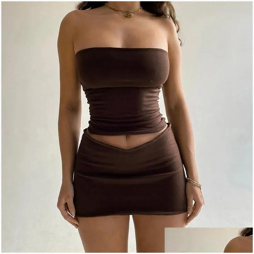 Work Dresses 2024 Sexy Strapless Crop Top And Mini Skirt Suits 2 Piece Set Night Club Outfits Streetwear Women Fashion Y2K Clothes