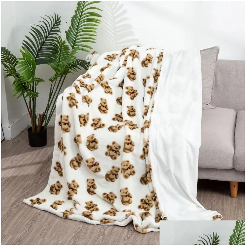 blankets cute bear winter warm blanket faux rabbit fur soft for livingroom sofa throw 130x160cm plush bedspread 160x200cm 230221