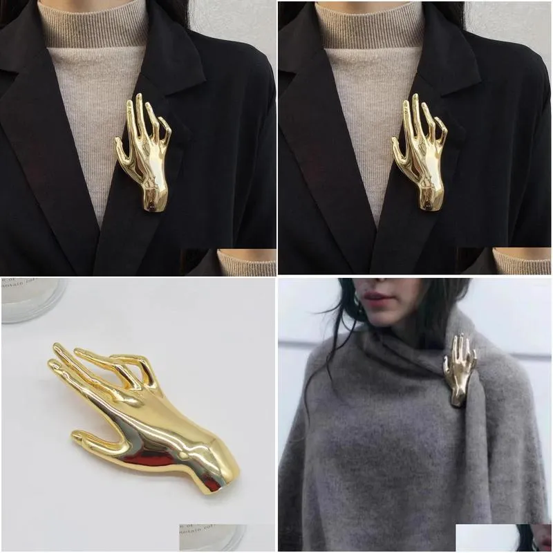 Brooches Personality Exaggerated Metal Smooth Right Hand Brooch Men`s And Women`s Suit Texture Small Pin Scarf Cape Buckle Corsage