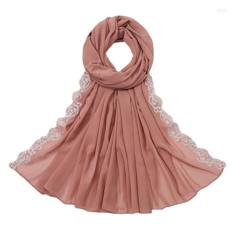 Scarves Muslim Lace Turban Women Hijab Chiffon Scarf For Fashion Islam Headscarves Bubble Heavy Solid Color Shawls Drop Delivery Dha6W