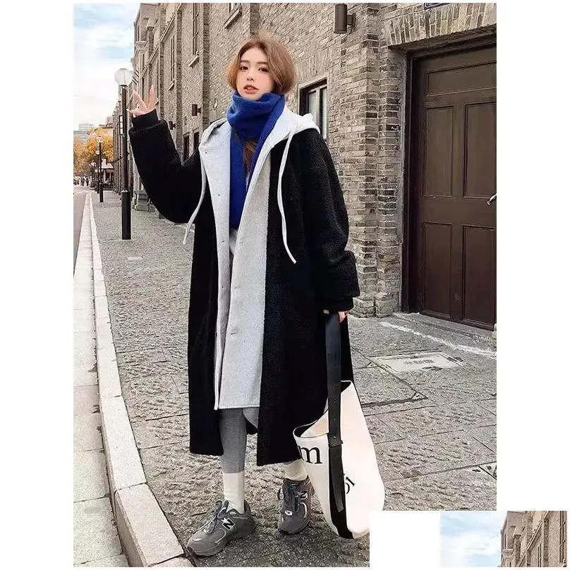 Women`s Wool Blends Korean Personality Fashion Fake twopiece Cashmere Hooded Coat Female Winter Loose Joker Long Plush Windcheater Woman