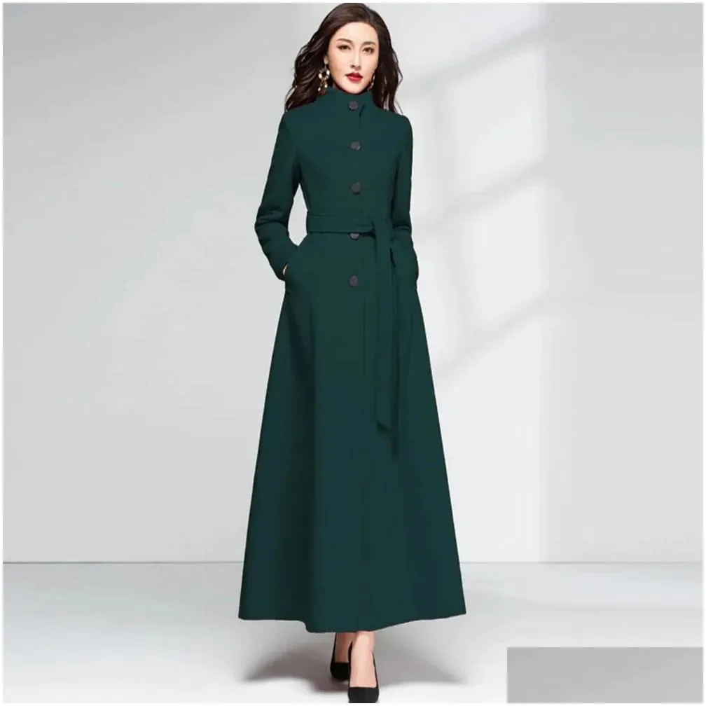 Women`s Wool Blends Women Overlength Woolen Coat Autumn Winter Fashion Stand Collar Thicken Warm Lacing Overcoat Slim Long Outerwear