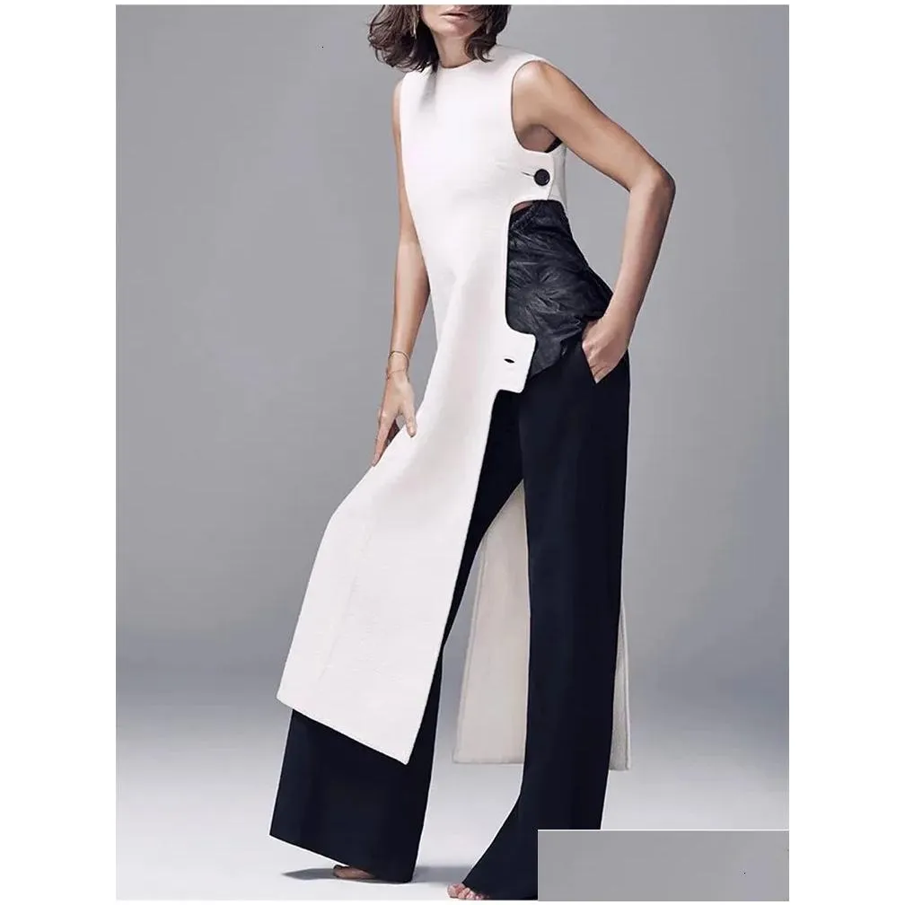 Fashion Plain Crew Neck Sleeveless Button Slit Dress Sexy Vintage Casual Chic Summer Slim Single High Street Long 240323