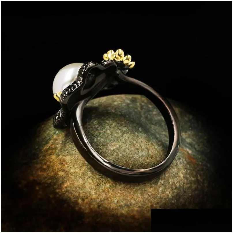 Wedding Rings Vintage Female White Pearl Thin Ring Classic 14KT Black Gold Luxury Bridal Flower Engagement For WomenWedding