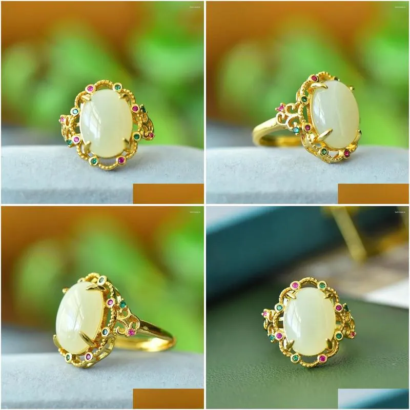 Cluster Rings Natural Hetian Jade Women Fine White Gemstone Engagement Luxury 2024 Ring Accessories Women`s Jewelry