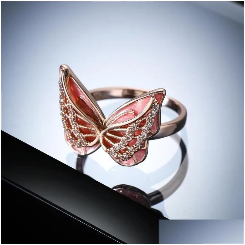 Wedding Rings 2021 Cute Enamel Painting Three Dimensional Butterfly Ring Fashion Light And Luxurious Zircon For Woman Party Jewelry
