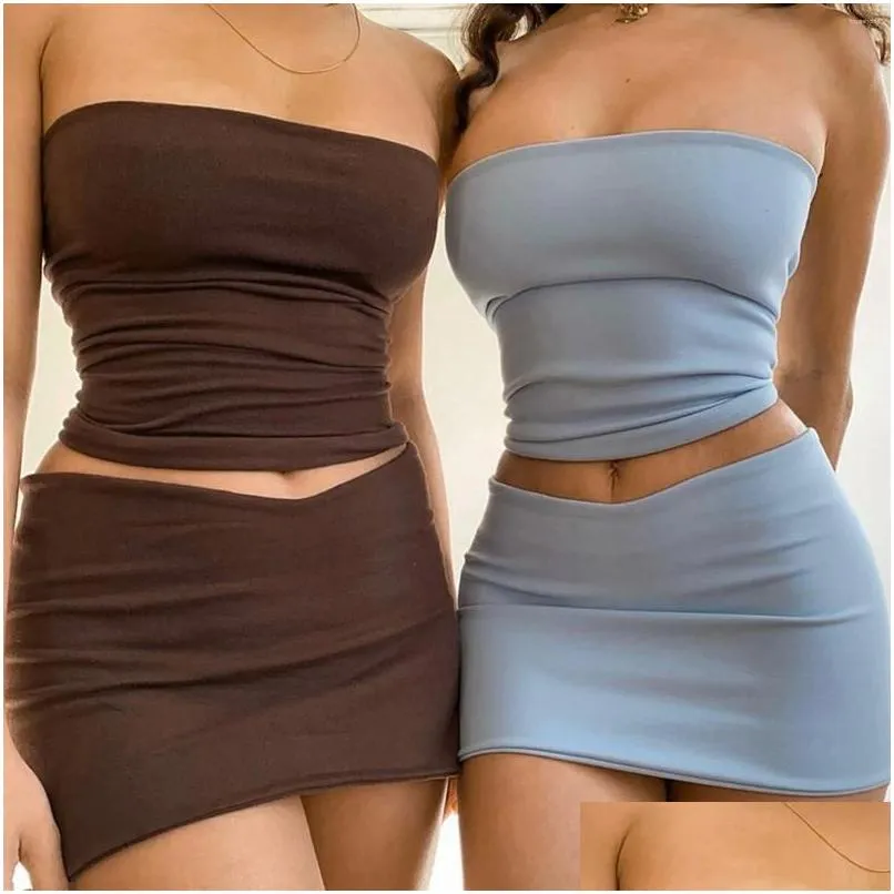 Work Dresses 2024 Sexy Strapless Crop Top And Mini Skirt Suits 2 Piece Set Night Club Outfits Streetwear Women Fashion Y2K Clothes