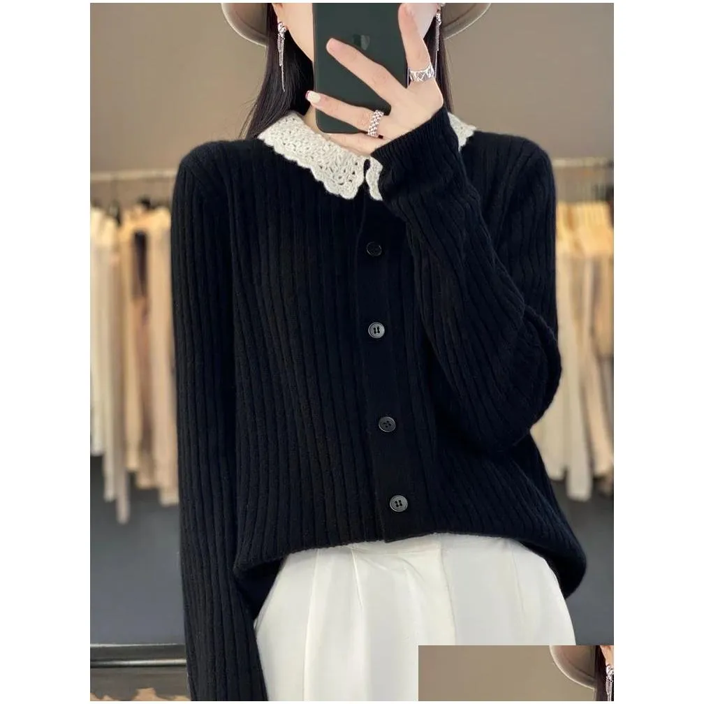 Women`s Sweaters Autumn Winter Peter Pan Collar Wool Cardigan Sweater Women Long Sleeve Top Basic In Outerwears Casual Female Knit Clothing