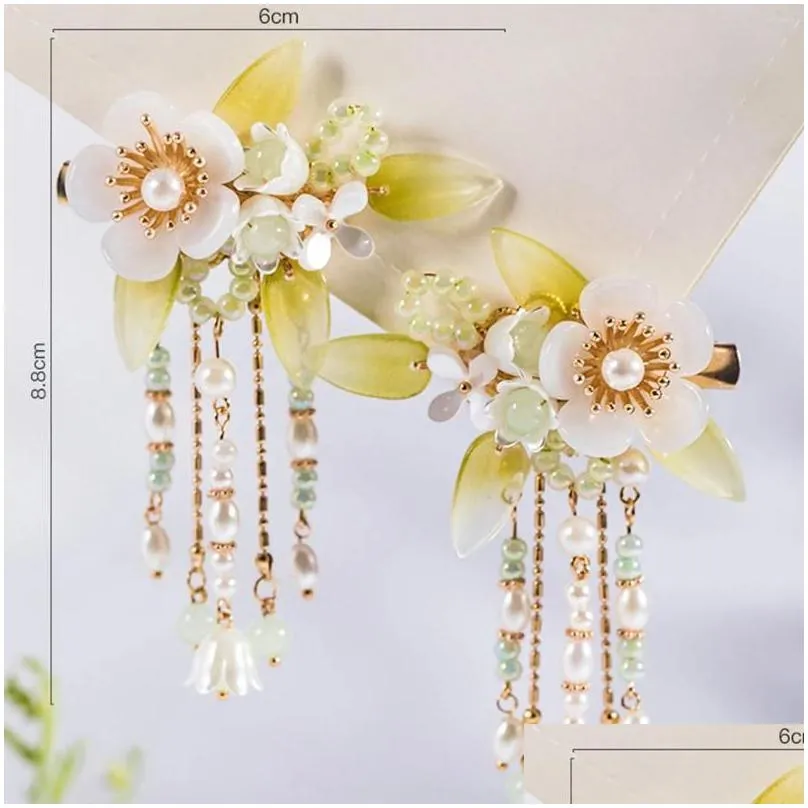 Hair Clips 2pcs Chinese Flower Hairpins Pearl Bride Ornament Barrettes Coloful Fringe Vintage Tiaras Headdress Jewelry