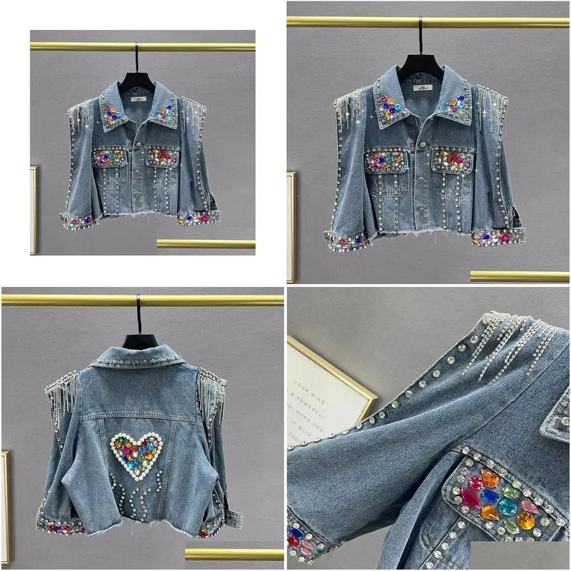 Women Short Denim Jacket Coat Spring Pearl Diamonds Chain Tassel Frayed Burrs Hem Half Sleeve Female Jeans Streetwear 240117